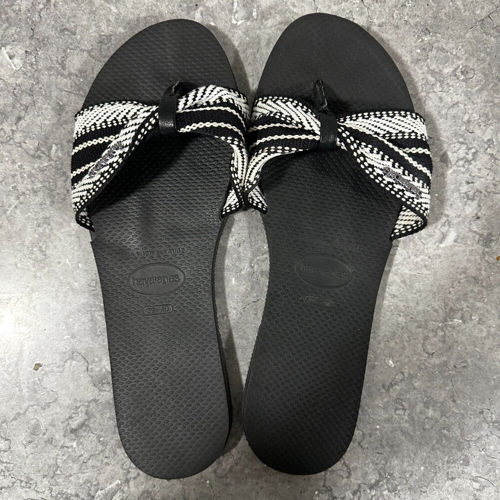 Havaianas Black White Bow Slide Sandals 9/10 Flip Flops Summer Saint Tropez Lush